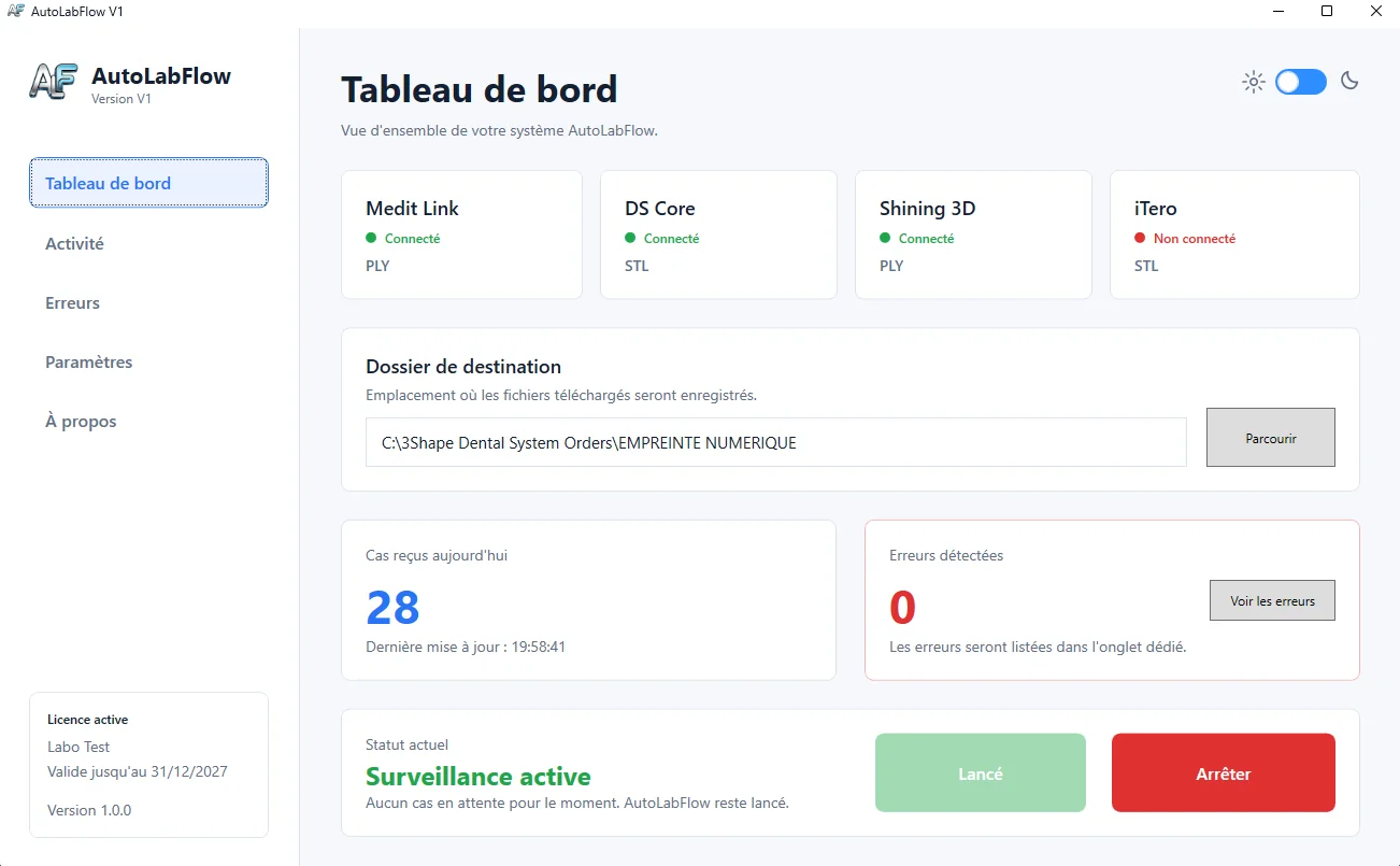 Tableau de bord AutoLabFlow en mode clair présentant les plateformes et la surveillance active