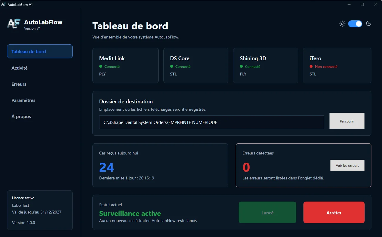 Tableau de bord AutoLabFlow en mode sombre avec les connexions, le dossier de destination et le suivi des cas